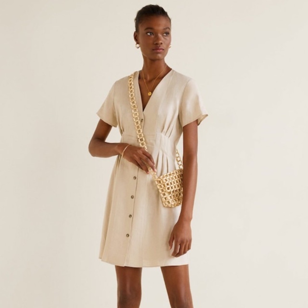 MANGO Pleated Detail Linen Blend Dress